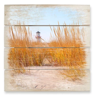 Beach with Lighthouse - Wood Print 