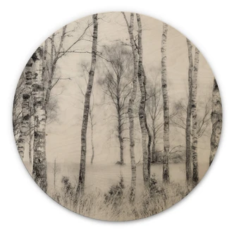 Tableau en bois Talen - Forêt de bouleaux noirs et blancs - Rond 