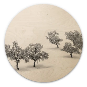 Tableau sur bois Carrillo Lopez - Paysage blanc avec arbres - Rond 