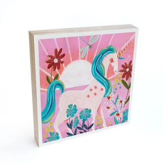 Houten Decoratieblok Eenhoorn op een kleurrijke bloemenweide - Bonne Müller 