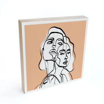 Houten Decoratieblok Line Art Portret van twee vrouwen - Treechild 