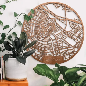 Houten Wanddecoratie Mahoniefineer Kaart van Amsterdam 