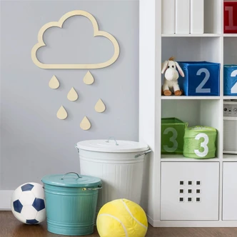 Décoration en bois - Nuages et gouttes de pluie (7 pièces) - Placage de peuplier 
