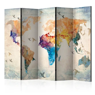 Kamerscherm - Wereldkaart - Papieren vogels , 5-delig - 225x172 cm 