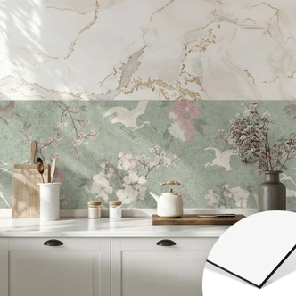 Küchenrückwand Kraniche im Kirschblüten-Rausch Grün - Bloomery Decor 