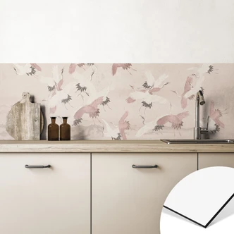 Küchenrückwand mit Naturmotiv - Kraniche über dem See - Bloomery Decor 