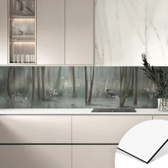 Stænkplade til køkken Cloud Forest by the Lake med fiskehejre i grønt - Ms Tiff 