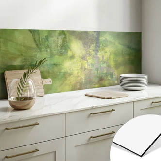 Stænkplade til køkken med farvespil i guldgrøn - Schmucker 