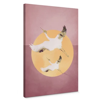 Canvas Print White and gold cranes in a pink sky - Aureous Canvas Print White and gold cranes in a pink sky - Aureous