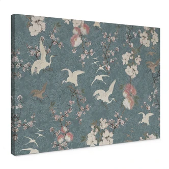 Canvas schilderij Kraanvogels in Kersenbloesem Rush Blauw - Bloomery Decor 
