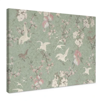 Leinwandbild Kraniche im Kirschblüten-Rausch Grün - Bloomery Decor Leinwandbild Kraniche im Kirschblüten-Rausch Grün - Bloomery Decor