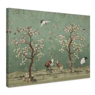 Leinwandbild Kraniche in floraler Landschaft - Bloomery Decor 