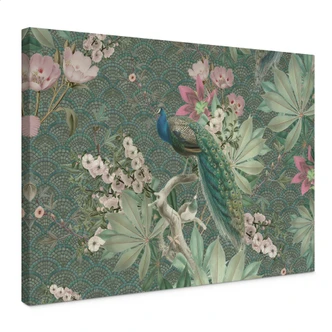 Canvastavla påfågel i tropisk trädgård på mosaik - Bloomery Decor 