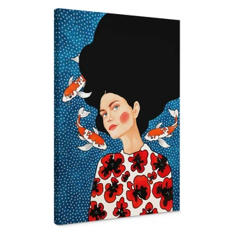 Leinwandbild Frau im Blütenkleid mit Kois - Hülya 