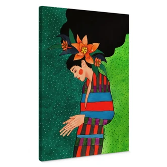 Lienzo Mujer con vestido a rayas y flores naranjas - Hülya 