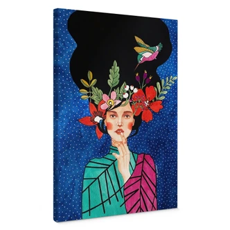 Leinwandbild Frau mit Kolibri in der Sternennacht - Hülya 