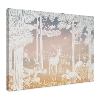 Leinwandbild Friedlicher Wald mit Hirschen und Füchsen - Ombre - Kikki Belle 