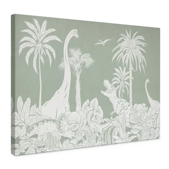 Canvas print Green primeval worlds - Dinosaurs under palm trees - Kikki Belle 