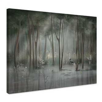 Canvas schilderij Wolkenbos aan het meer met reiger in het groen - Ms Tiff 