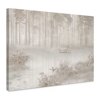 Canvas schilderij bos bij het meer in beige mist - Ms Tiff 