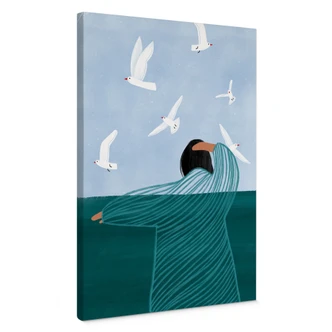Leinwandbild Frau mit Möwen am Meer - Müller 