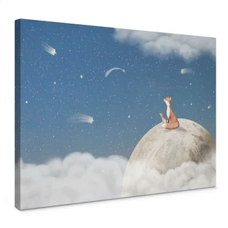 Tableau sur toile Renard sur la lune avec des étoiles filantes - Oliver Robins 