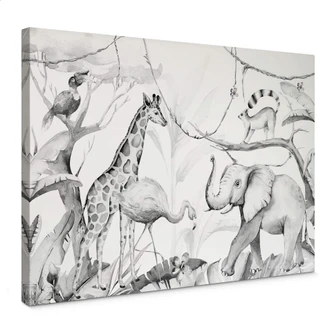 Obraz na płótnie Kvilis - Przyjaciele zwierząt w dżungli - czarno-biały 
