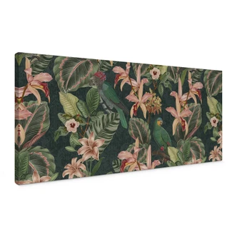 Canvastavla Djungel med papegojor nattgrön - Blomstrande Dekor - Panorama 