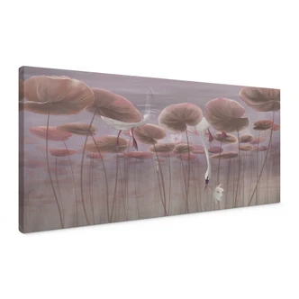 Canvas schilderij Lotusbloemen met zwaan in water in donkerroze - Ms Tiff - Panorama 