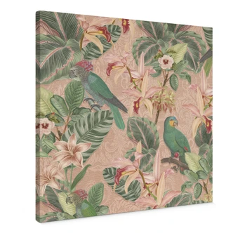 Canvastavla Djungel med papegojor Rosa - Blomstersmycke - Fyrkant 