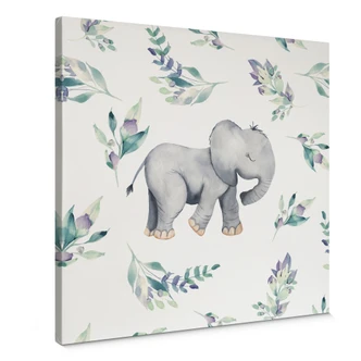 Leinwandbild Niedlicher Babyelefant zwischen Boho-Zweigen - UN Designs - Quadratisch 