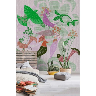 Livingwalls Fototapete Walls by Patel 3 Birdland 2 grün, lila, orange, rot 
