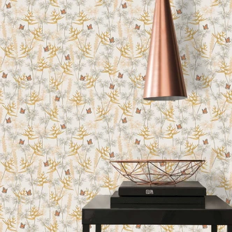 bloemen behang met vlinders wit geel - vliesbehang bloemen en dieren 