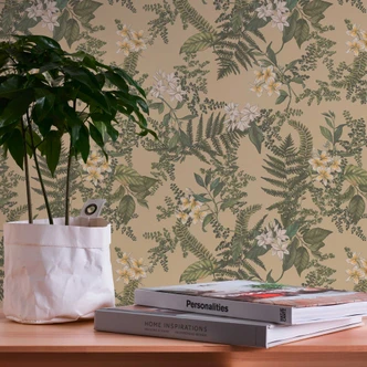 Växt tapet med blommor grön beige - non-woven tapet med blommotiv 