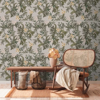 plantetapet med blomster grågrøn - non-woven tapet med blomstermotiver 