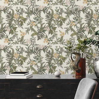 plantetapet med blomster hvid grøn - non-woven tapet med blomstermotiver 