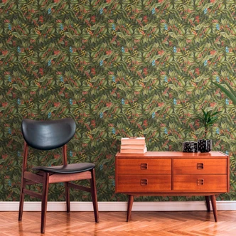 junglemotiv tapet grøn - non-woven tapet med røde blå blomster 