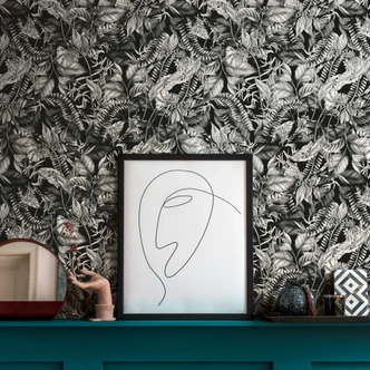 tapet med junglemotiv sort og hvid - non-woven tapet med planter og blomster 