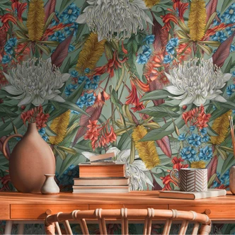 Vliestapete mit Dschungel-Muster Grün - Tapete mit großen Blüten bunt  