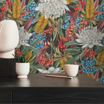 non-woven wallpaper with jungle pattern black green - wallpaper big blossoms colourful  