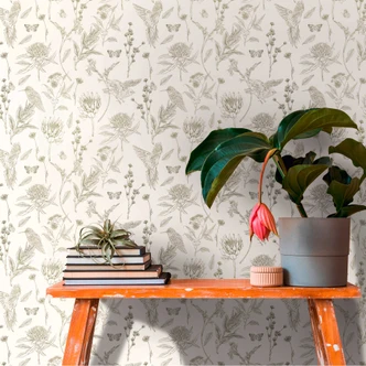 Papel pintado no tejido con flores y pájaros blanco verde - papel pintado floral en estilo dibujo 