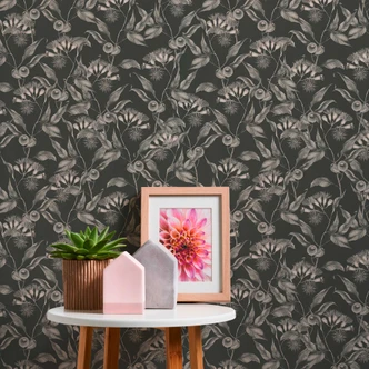 floral wallpaper with olive branches black and white - floral non-woven wallpaper with olives 