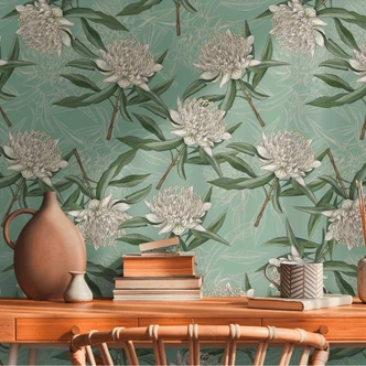 Carta da parati floreale in tessuto non tessuto verde chiaro - Carta da parati floreale con fiori bianchi Carta da parati floreale in tessuto non tessuto verde chiaro - Carta da parati floreale con fiori bianchi