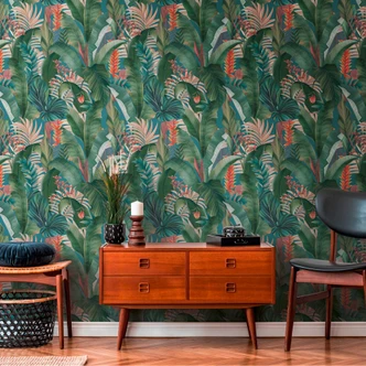 palm leaves blue green - floral non-woven wallpaper jungle motif 