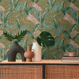patterned wallpaper with leaves and grasses khaki green - jungle non-woven wallpaper 