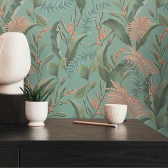 behangpapier met bladeren en grassen turquoise groen - jungle vliesbehang 