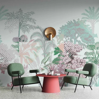 Tropisk fototapet i pastellfärger - non-woven tapet med palm- och ormbunksmotiv 