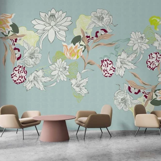 Botanisk tapet i mint - non-woven tapet med tecknat blomsterarrangemang 