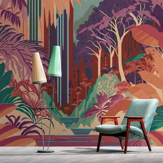 Art Deco jungle 3D fotobehang - prachtige kleuren in retro stijl vliesbehang Art Deco jungle 3D fotobehang - prachtige kleuren in retro stijl vliesbehang