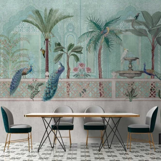 Oosters tuinbehang met pauwen - elegant vliesbehang in pastelkleur 